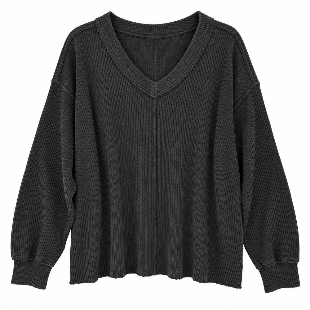 Aerie Wonder Textured V Neck Shirt Womens S Black Oversized Slouchy Minimalist